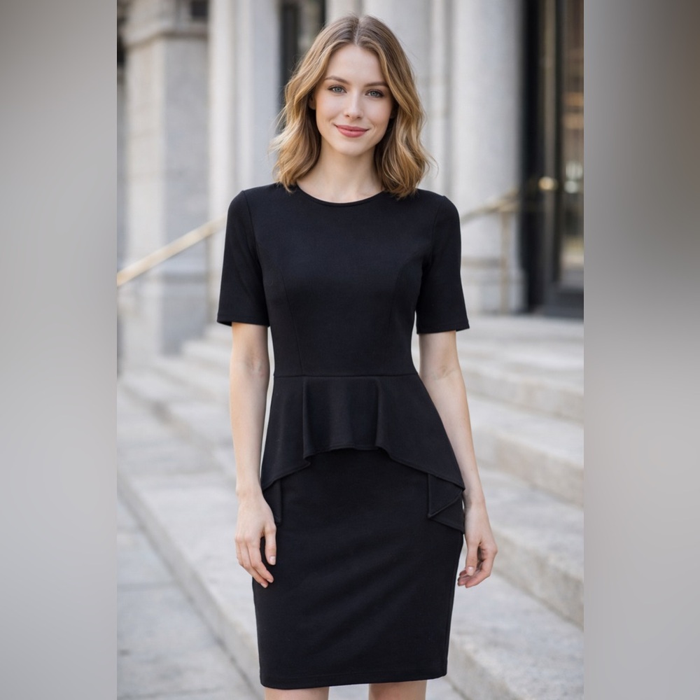 Theory black bodycon midi dress. Short sleeves, front waist valance, zipper, 2